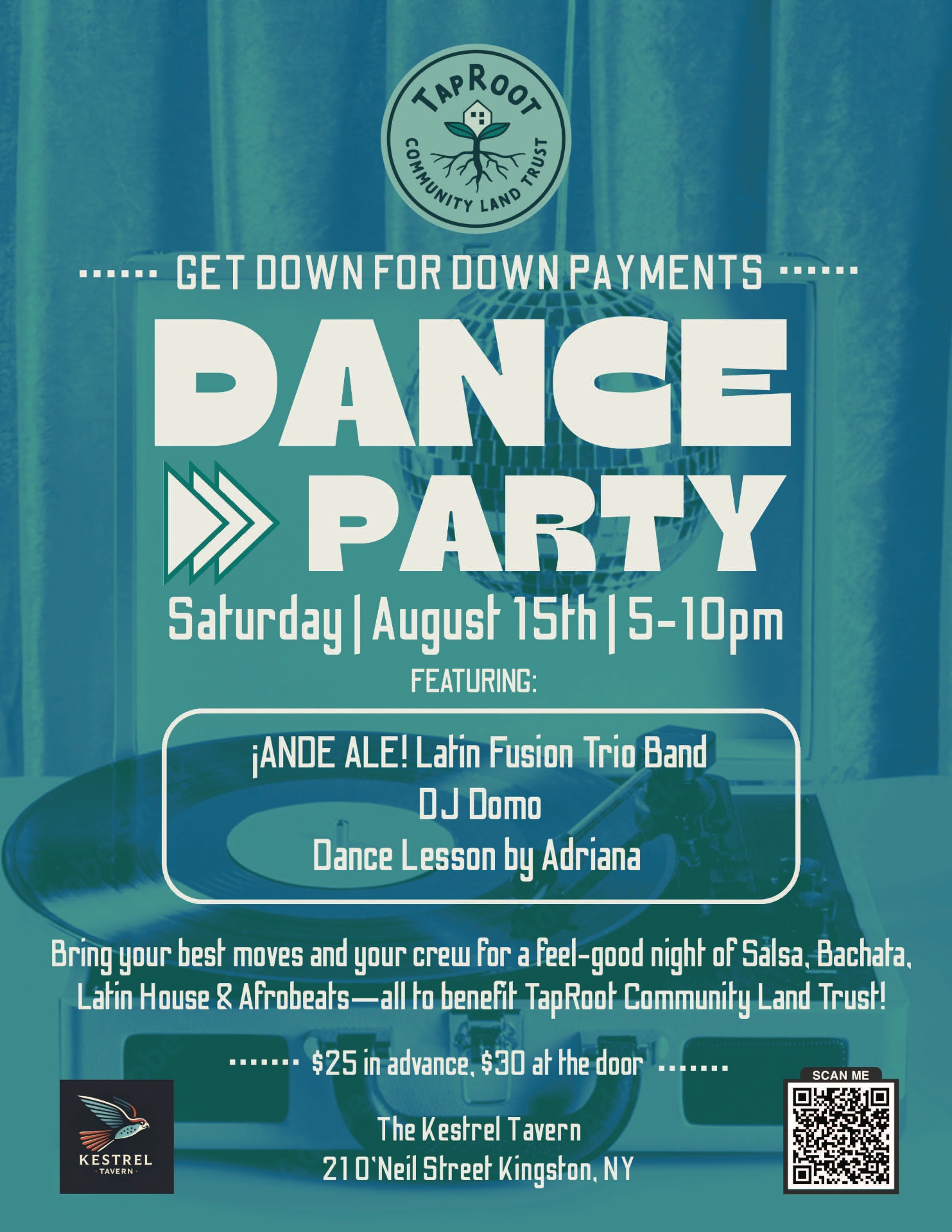 Get Down for Down Payments — Dance Party flyer, Saturday August 15th 5–10pm at The Kestrel Tavern, Kingston, NY