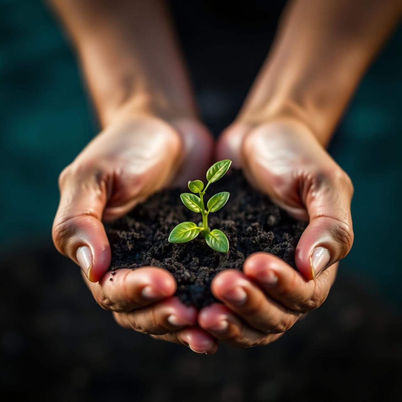Hands holding soil and a seedling